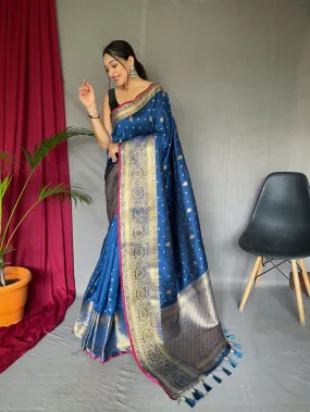 Dusk Blue Saree in Soft Silk Multi Color Zari Woven