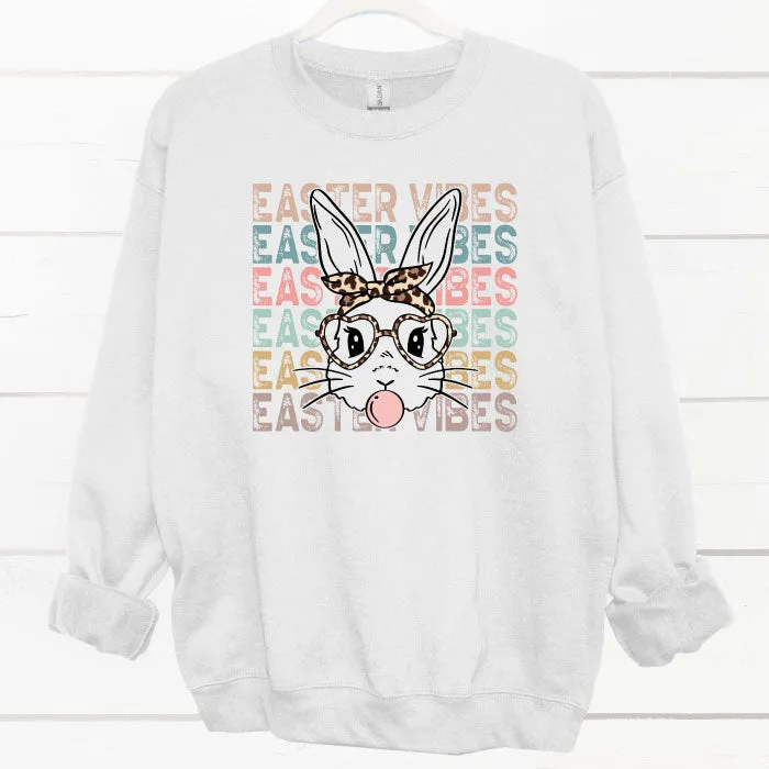 Easter Vibes Bunny with Glasses White Crewneck Sweatshirt