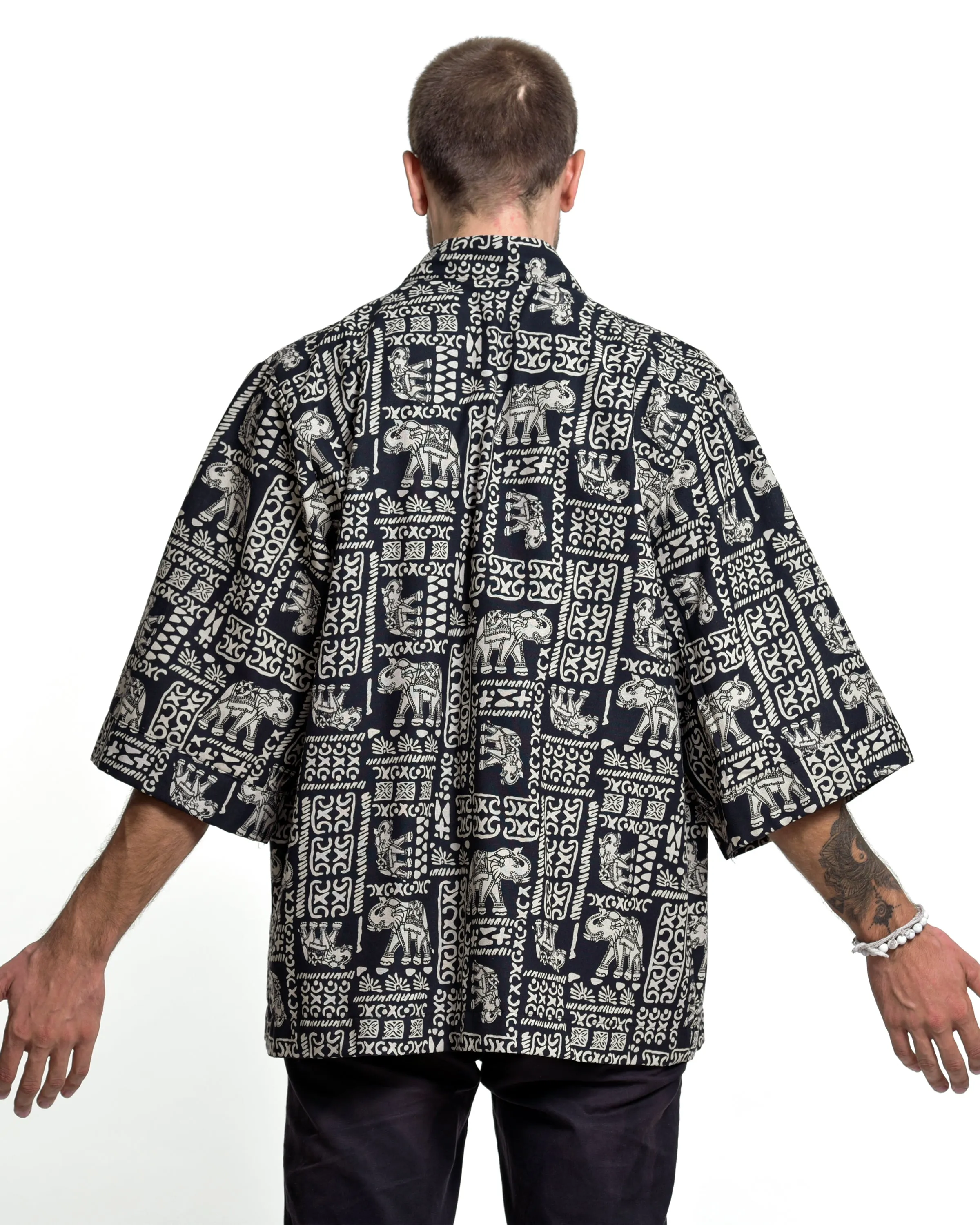 Elephant Print Cotton Kimono Cardigan in Black