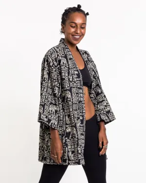 Elephant Print Cotton Kimono Cardigan in Black