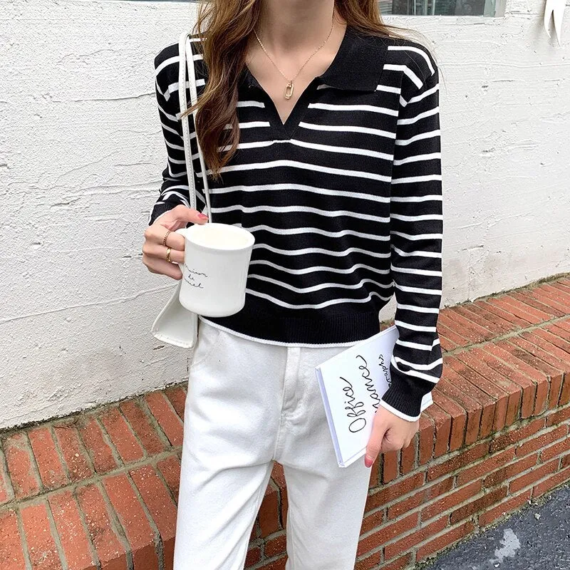 Fashionkova  Women Long Sleeve Striped Polo Collar Sweater Female Elegant Spring Autumn Casual Tops Korean Style Thin Knitted Chic Pullovers