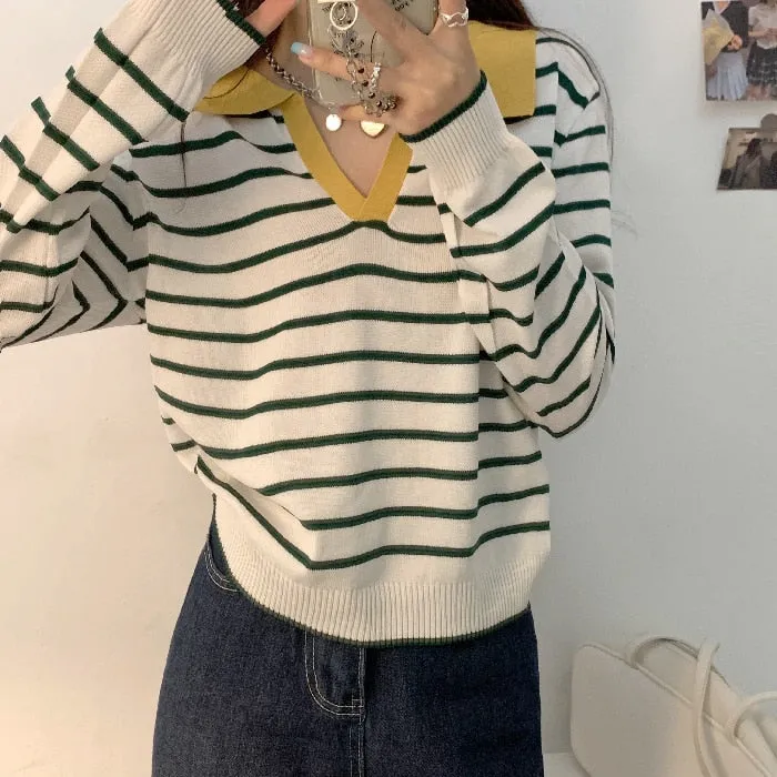 Fashionkova  Women Long Sleeve Striped Polo Collar Sweater Female Elegant Spring Autumn Casual Tops Korean Style Thin Knitted Chic Pullovers