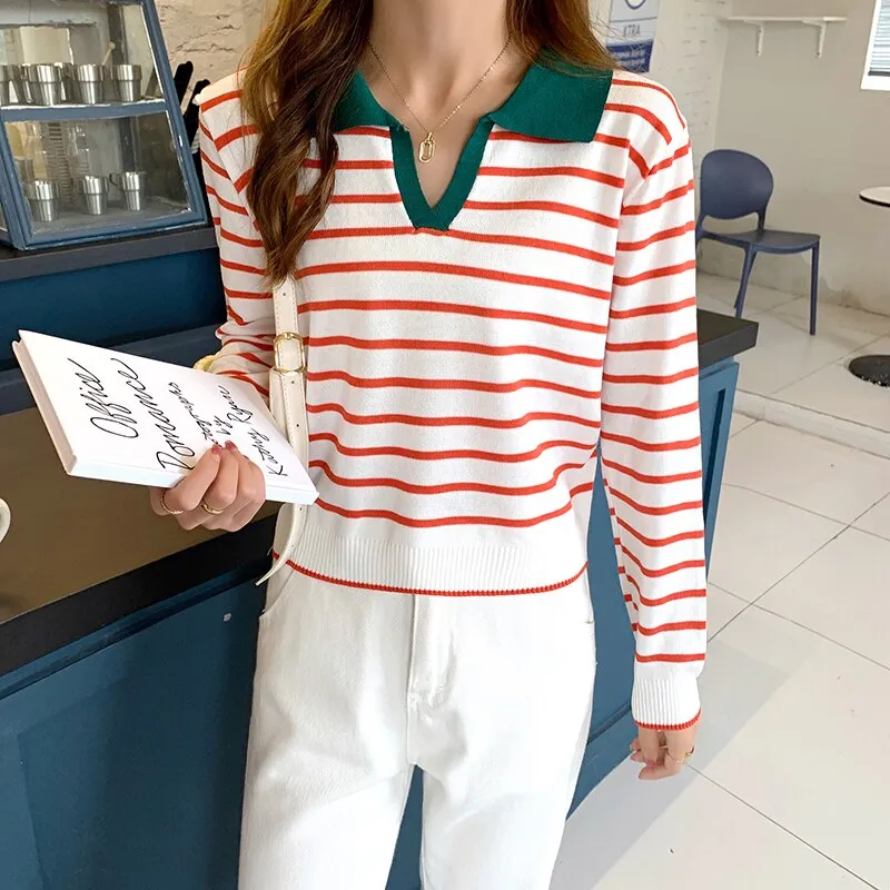 Fashionkova  Women Long Sleeve Striped Polo Collar Sweater Female Elegant Spring Autumn Casual Tops Korean Style Thin Knitted Chic Pullovers