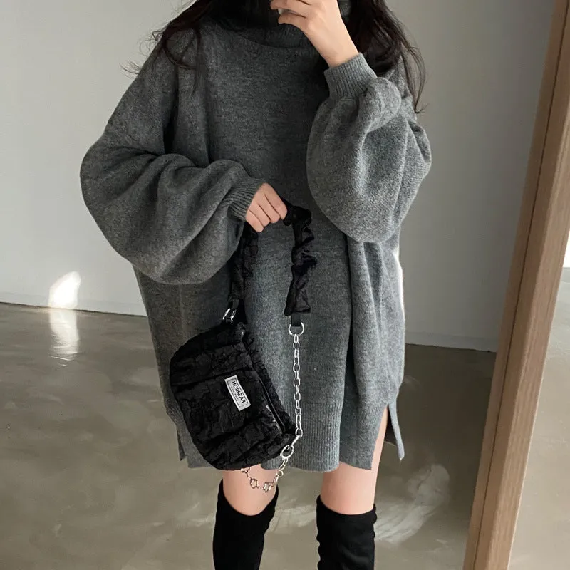 Flytonnshop christmas outfit men Chic Lazy Turtleneck Warm Pullover Mid-Length Knitted Top for Women