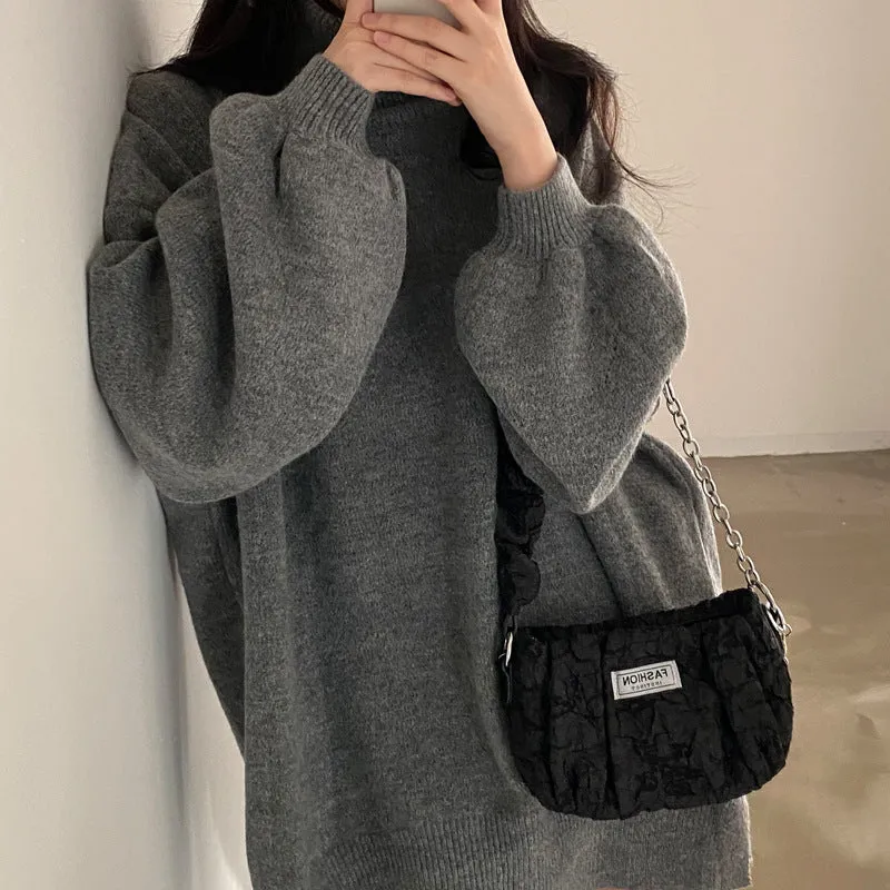 Flytonnshop christmas outfit men Chic Lazy Turtleneck Warm Pullover Mid-Length Knitted Top for Women