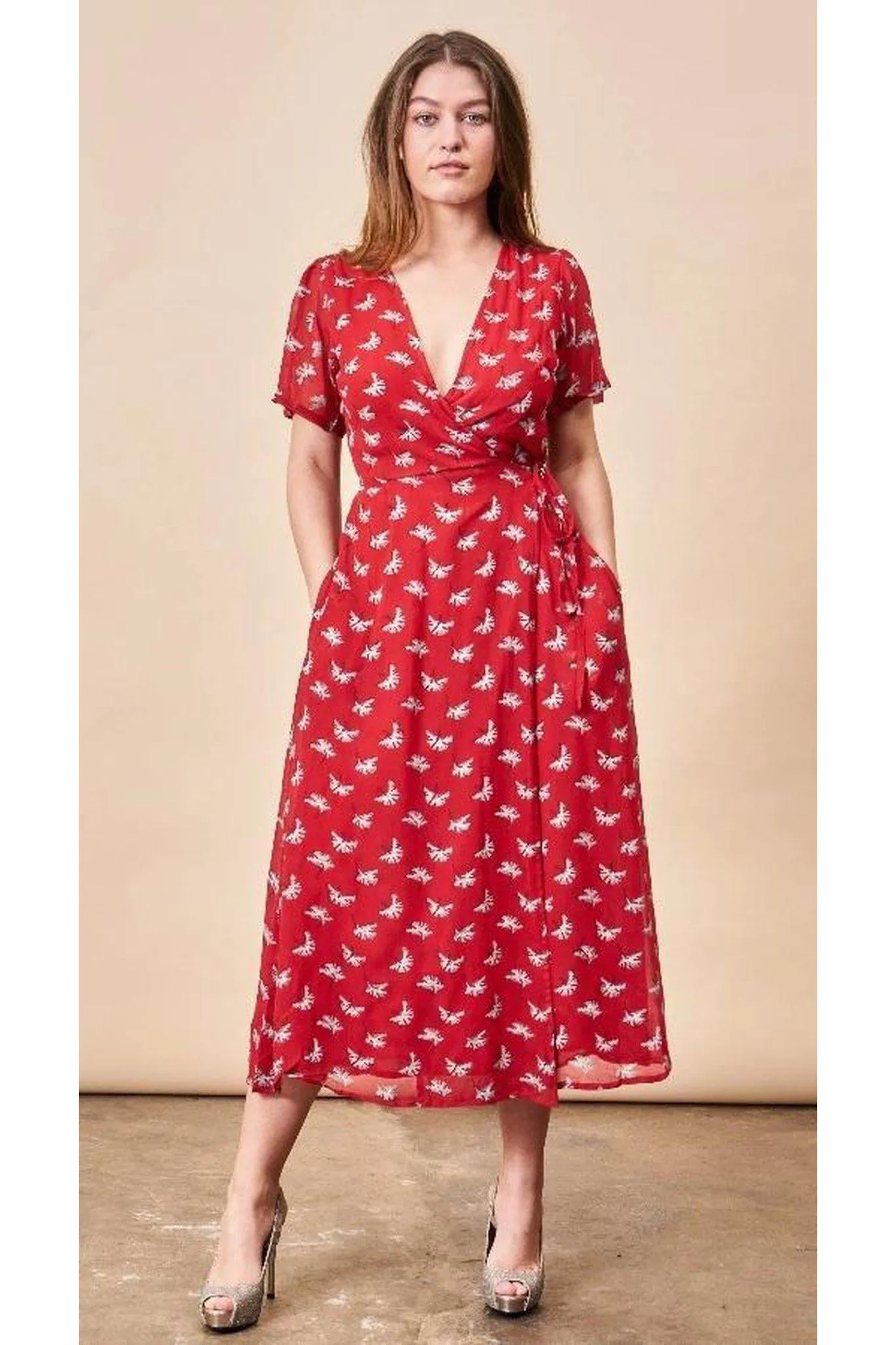 Ginkgo Leaf Midi Wrap Dress Lipstick Red   Silver