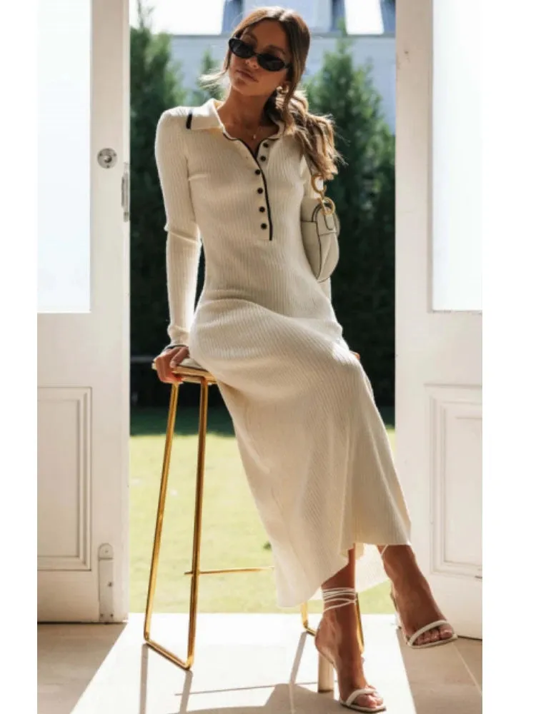 Girlary Chic Polo Patchwork Knitted Dress Women Elegant Button High Elastic Sweater Dress One Piece Dress Female Party Dress Vestidos