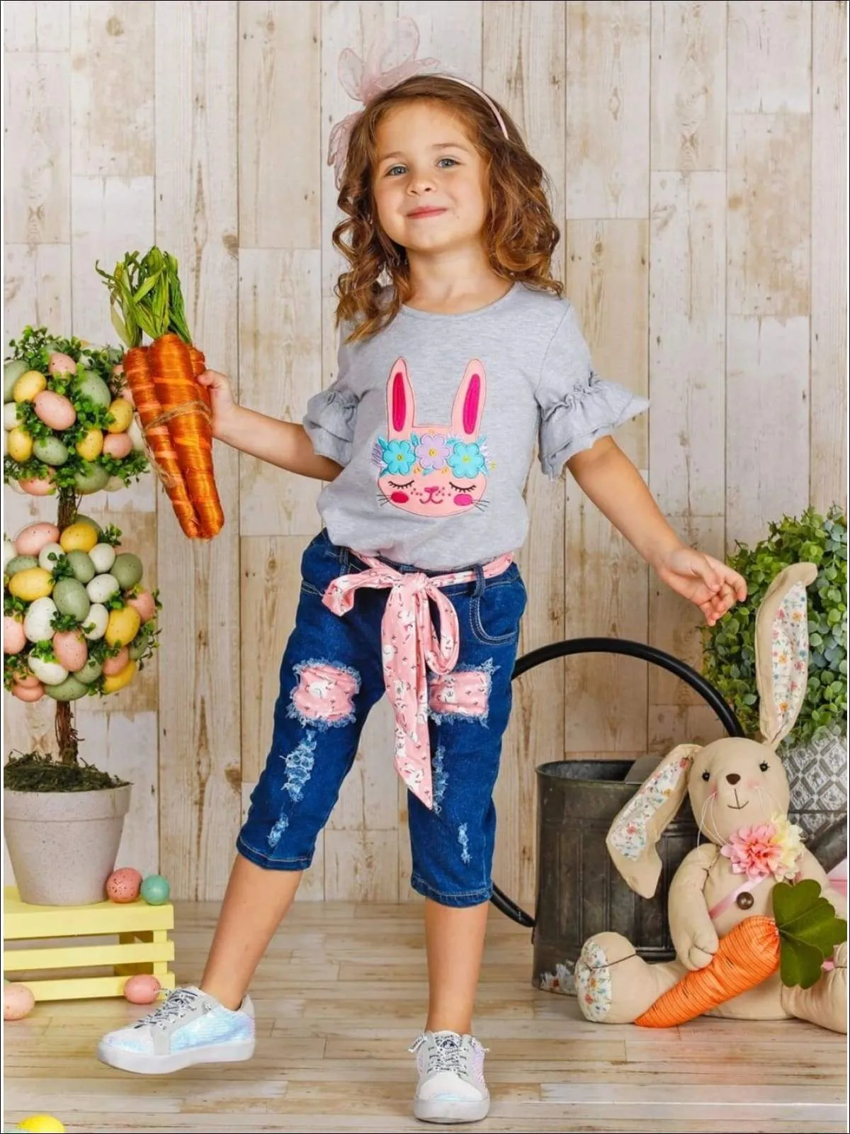 Girls Bunny Beauties Tunic and Belted Ripped Jeans Set