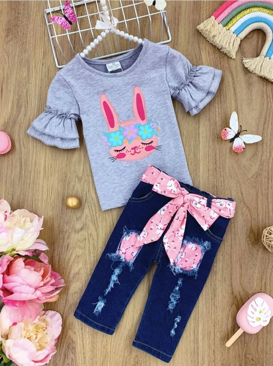 Girls Bunny Beauties Tunic and Belted Ripped Jeans Set