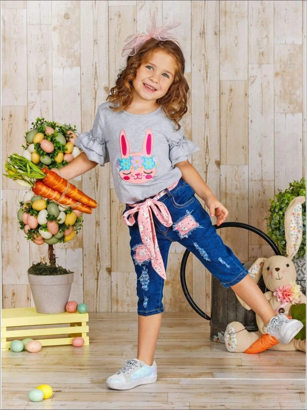 Girls Bunny Beauties Tunic and Belted Ripped Jeans Set