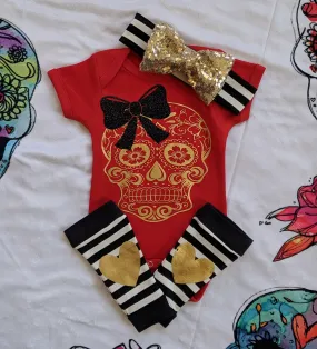 Girls Sugar Skull Outfit,Skull Bodysuit or Tee   Black White Stripe Leg Warmers   Sequin Bow Band,Handmade Goth Baby