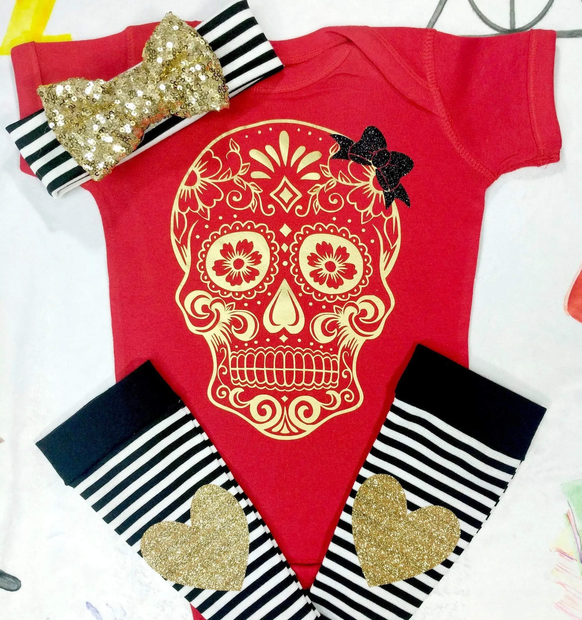 Girls Sugar Skull Outfit,Skull Bodysuit or Tee   Black White Stripe Leg Warmers   Sequin Bow Band,Handmade Goth Baby