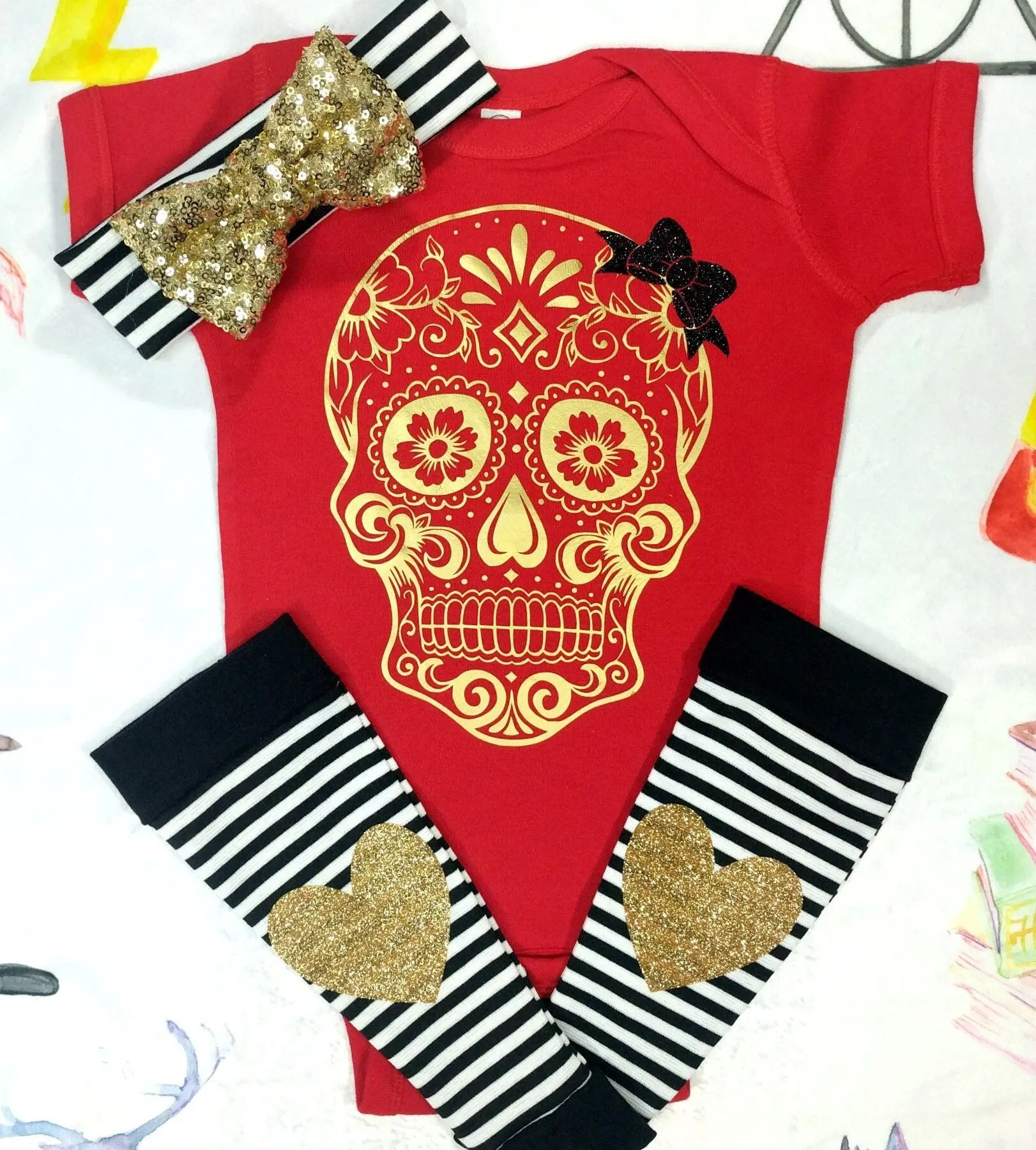 Girls Sugar Skull Outfit,Skull Bodysuit or Tee   Black White Stripe Leg Warmers   Sequin Bow Band,Handmade Goth Baby