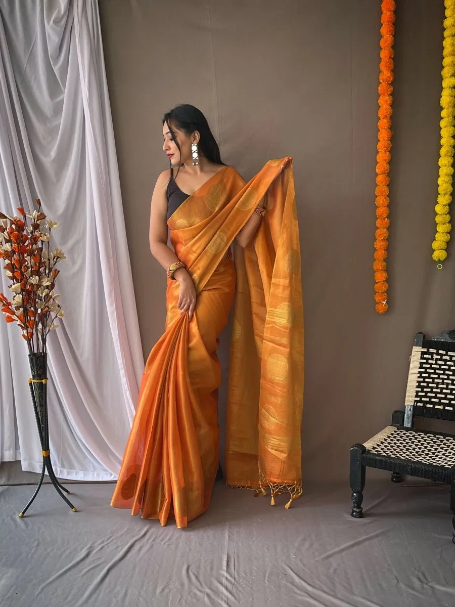 Halloween Orange Saree in Tissue Woven Silk