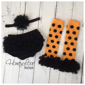 Halloween Set - Orange and black polka dot leg warmers - black ruffle bloomer - matching flower headband