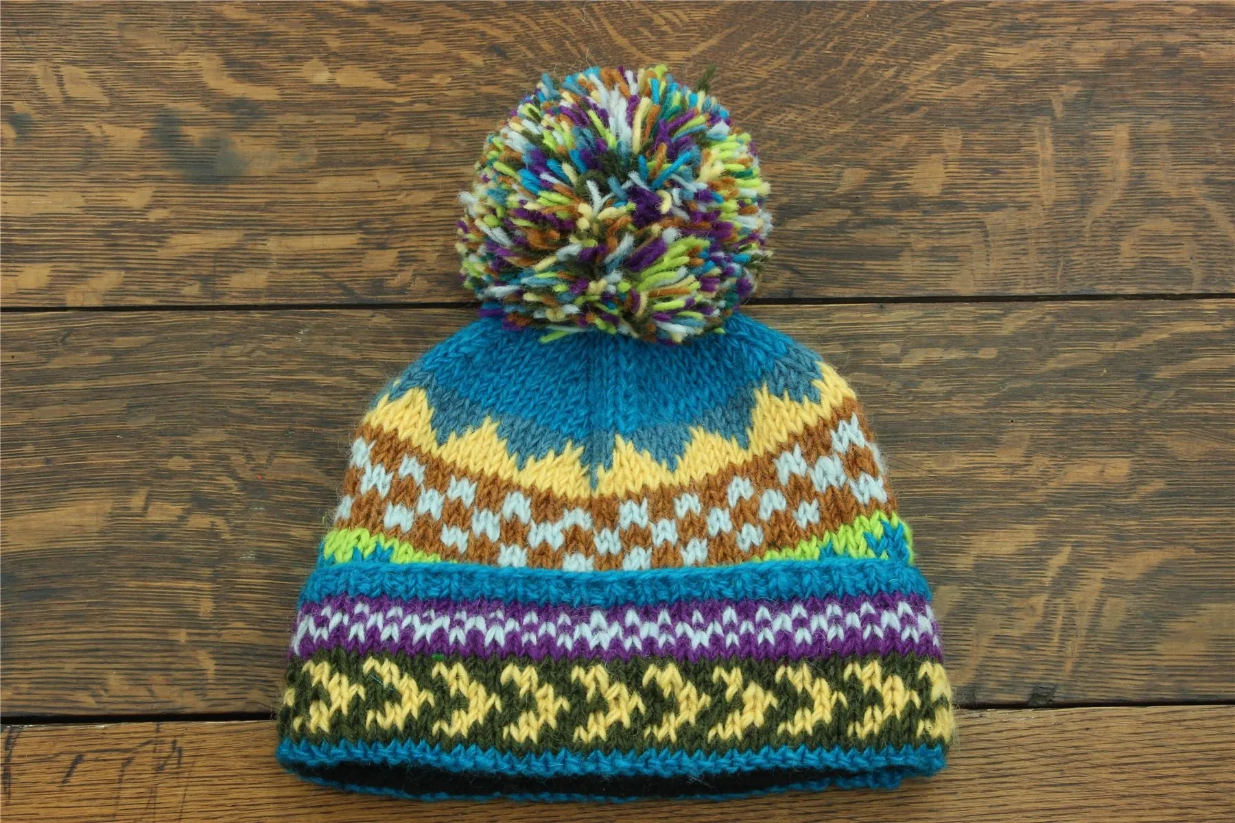 Hand Knitted Wool Beanie Bobble Hat - Chevron Blue