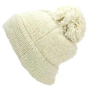 Hand Knitted Wool Beanie Bobble Hat - Plain Cream