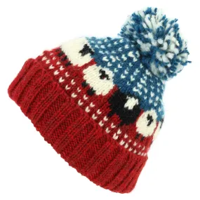 Hand Knitted Wool Beanie Bobble Hat - Sheep - Red Blue