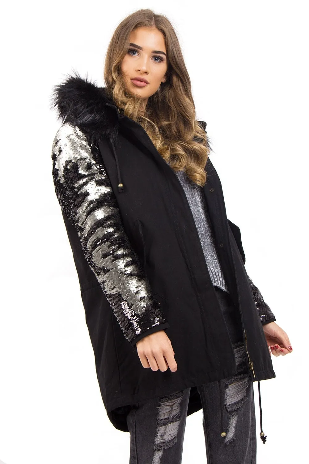 Hooded Two Sided Colour Change Sequin Arms Faux Fur Trim Fleece Parka Jacket Coat