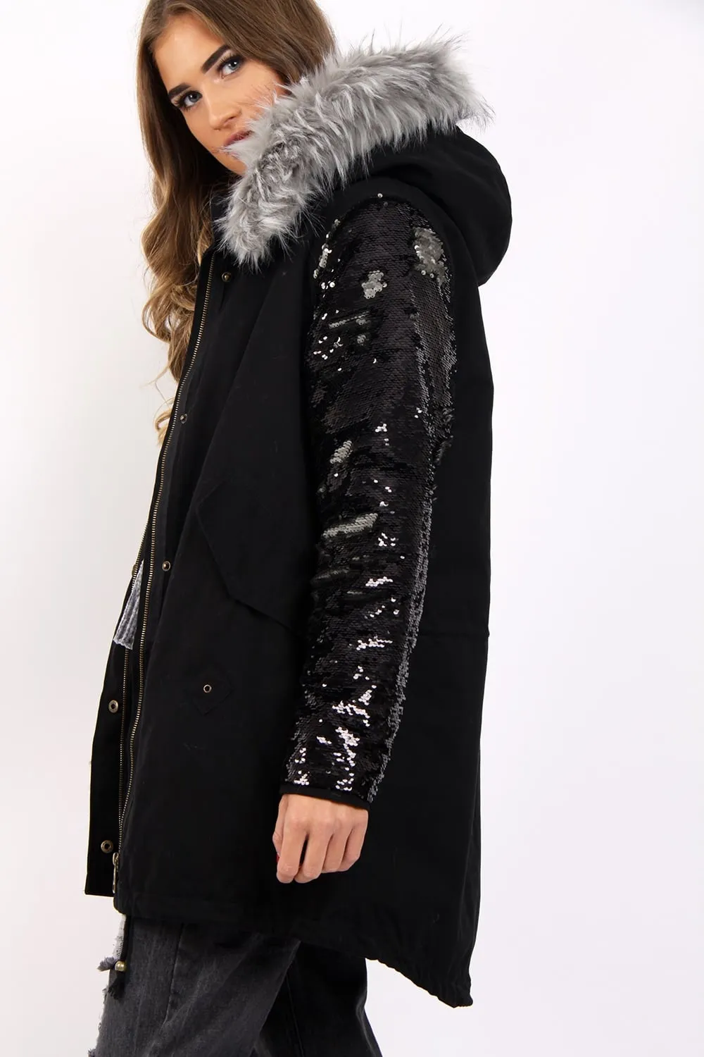 Hooded Two Sided Colour Change Sequin Arms Faux Fur Trim Fleece Parka Jacket Coat