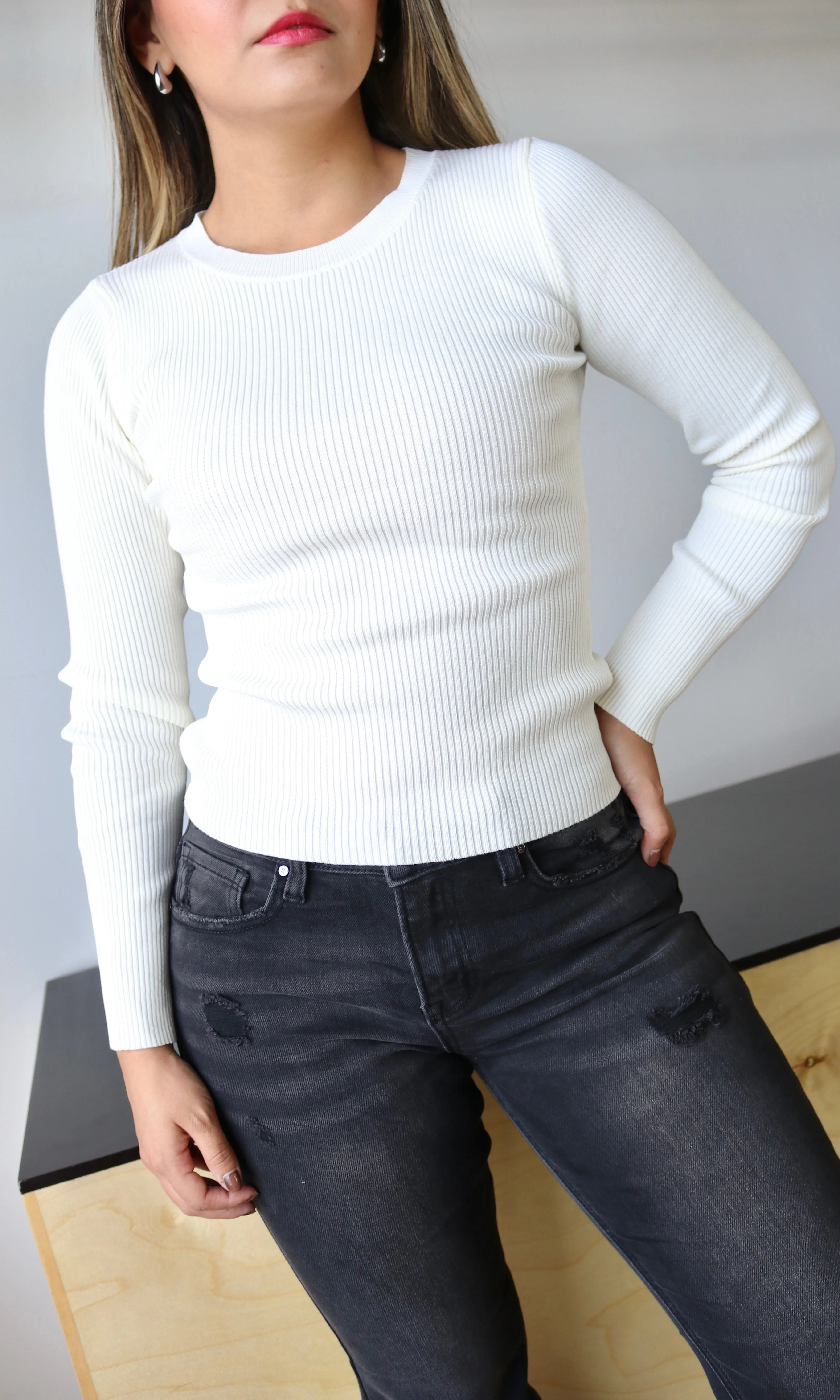 Ivory Rib Knit Crewneck Basic Pullover