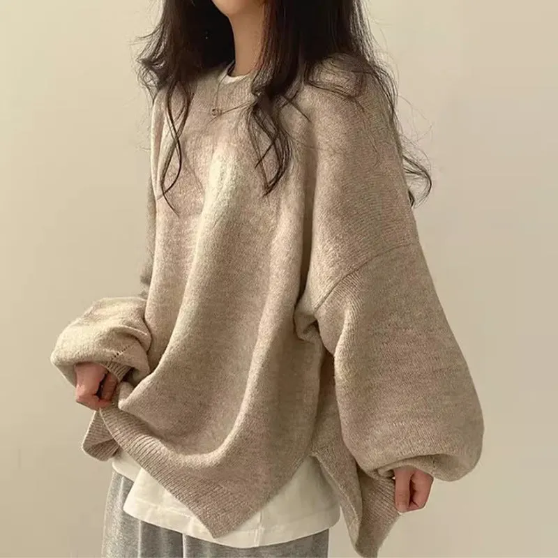 Joskaa soulja boy outfits Chic Autumn and Winter French Style Lazy round Neck Side Slit Loose Casual All-Match Long Sleeve Warm Knitted Sweater