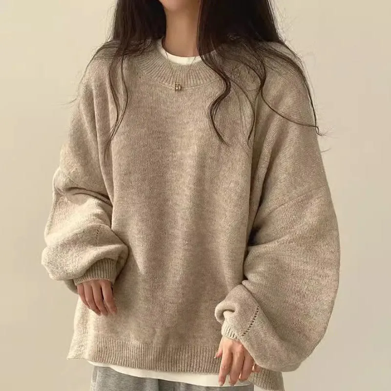 Joskaa soulja boy outfits Chic Autumn and Winter French Style Lazy round Neck Side Slit Loose Casual All-Match Long Sleeve Warm Knitted Sweater