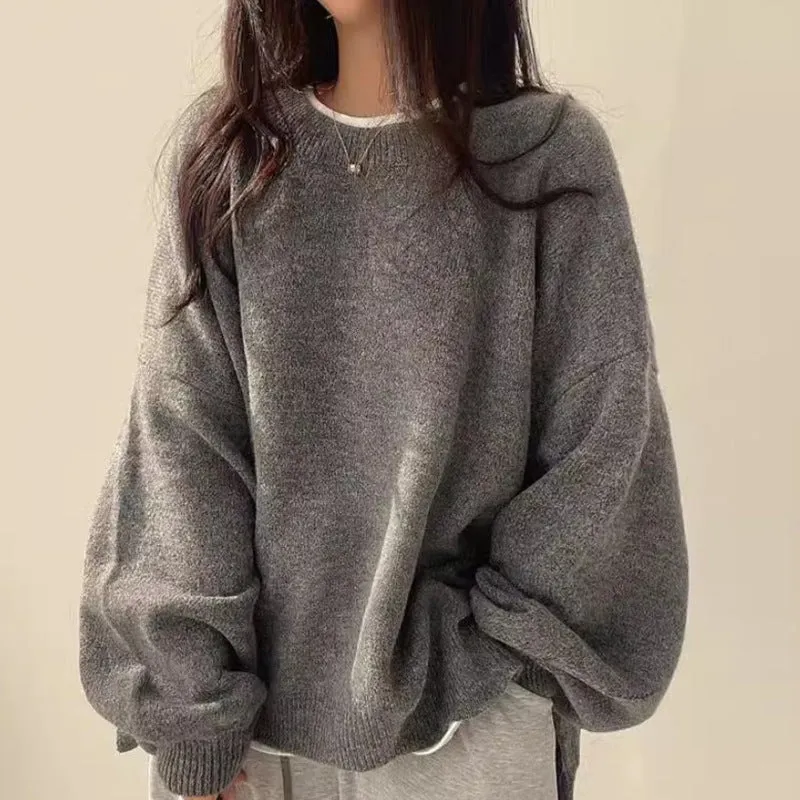 Joskaa soulja boy outfits Chic Autumn and Winter French Style Lazy round Neck Side Slit Loose Casual All-Match Long Sleeve Warm Knitted Sweater