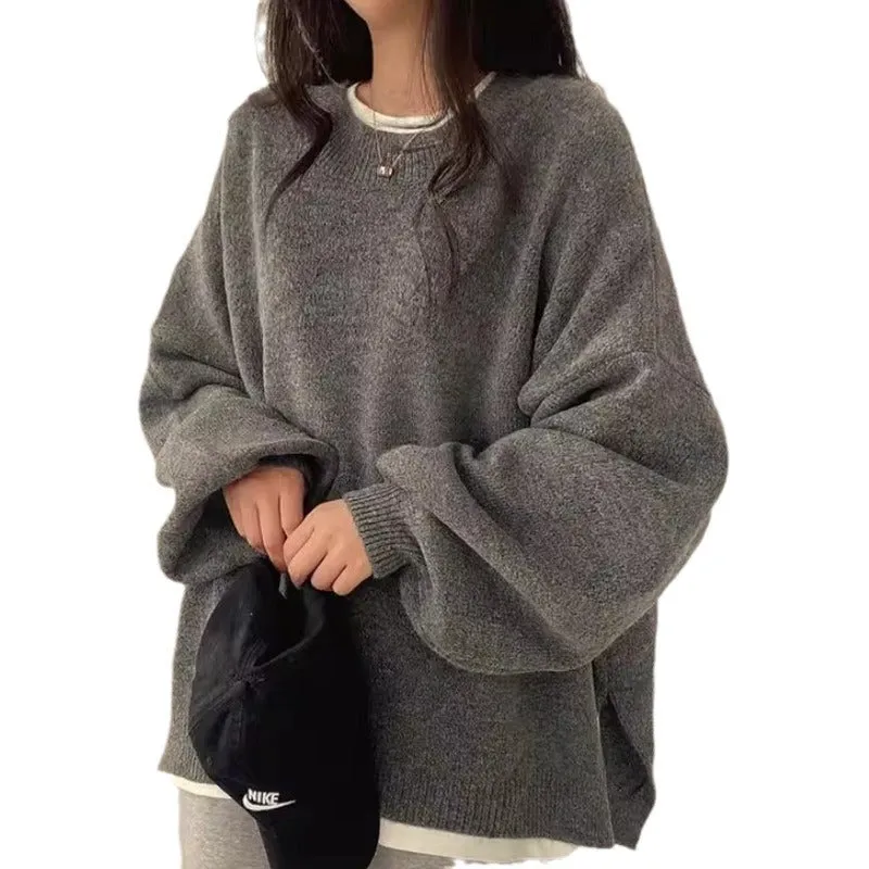 Joskaa soulja boy outfits Chic Autumn and Winter French Style Lazy round Neck Side Slit Loose Casual All-Match Long Sleeve Warm Knitted Sweater