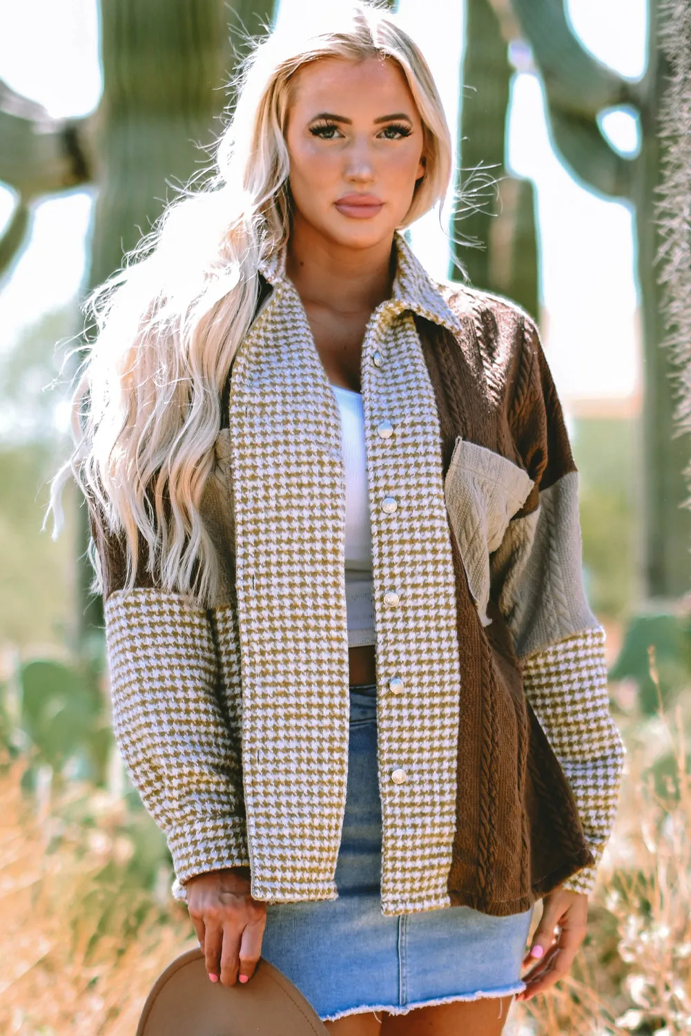 Khaki Houndstooth Colour Contrast Textured Patchwork Loose Shacket