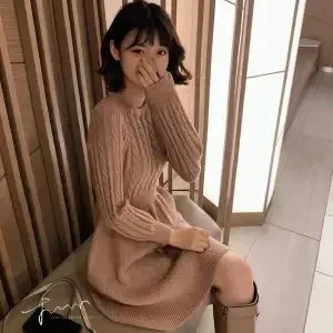 Knitted Sweater Black Dress Women Autumn Winter Korean Style Kpop Wrap School Wrap Long Sleeve Dresses