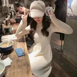 Knitted Sweater Black Dress Women Autumn Winter Korean Style Kpop Wrap School Wrap Long Sleeve Dresses