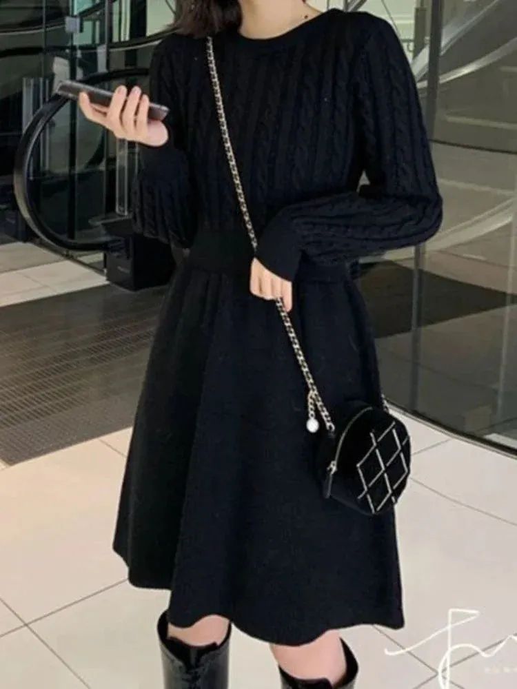 Knitted Sweater Black Dress Women Autumn Winter Korean Style Kpop Wrap School Wrap Long Sleeve Dresses