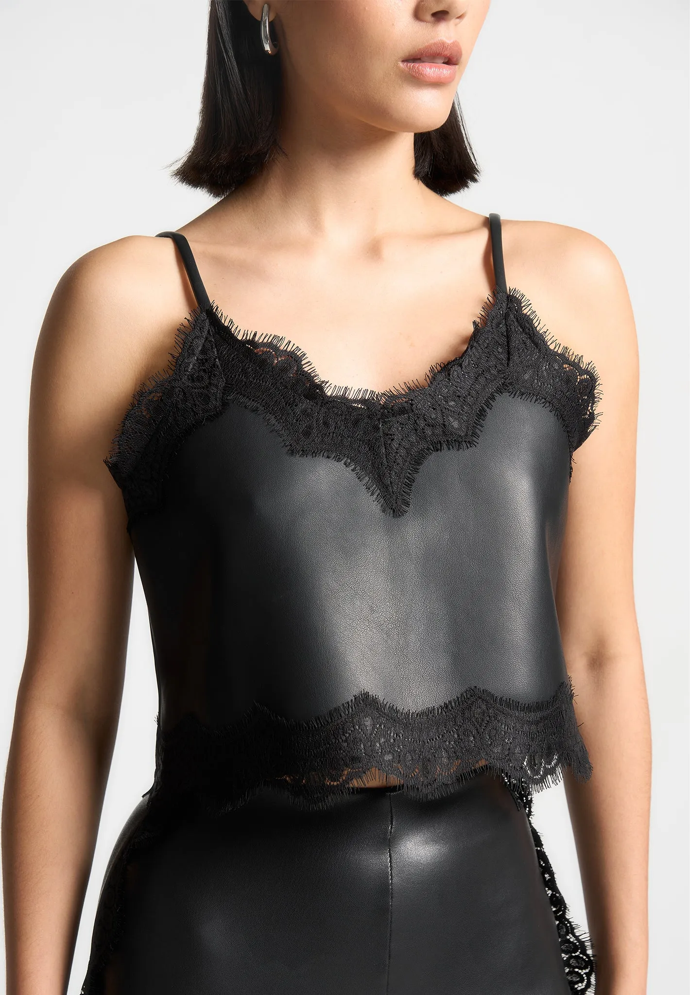 Lace Trim Leather Camisole Top - Black