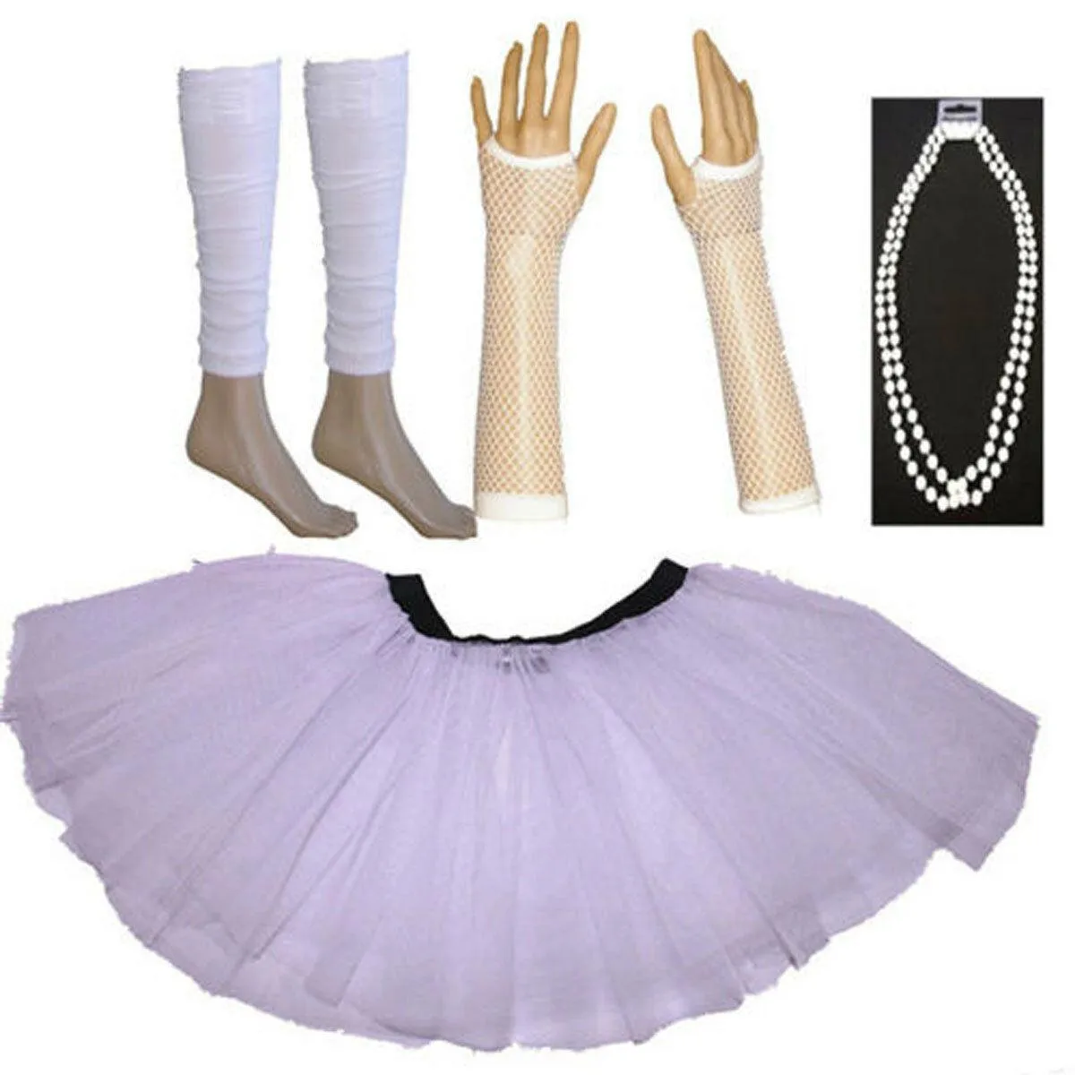 Ladies Tutu Skirt Gloves Leg Warmers Beads 1980’s Party Hen Night Party Costume