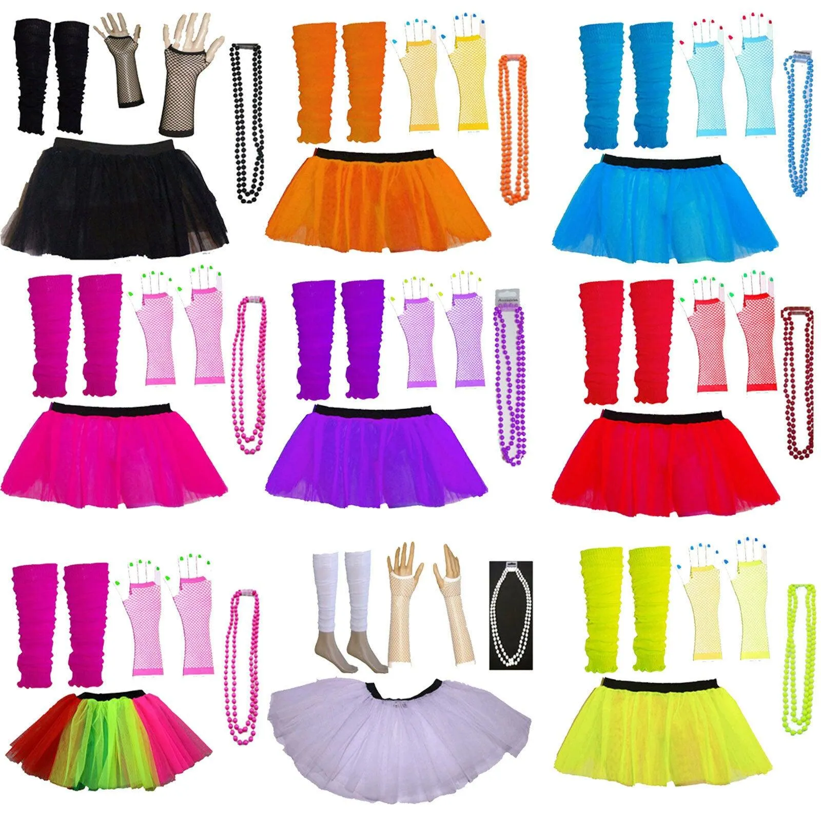 Ladies Tutu Skirt Gloves Leg Warmers Beads 1980’s Party Hen Night Party Costume