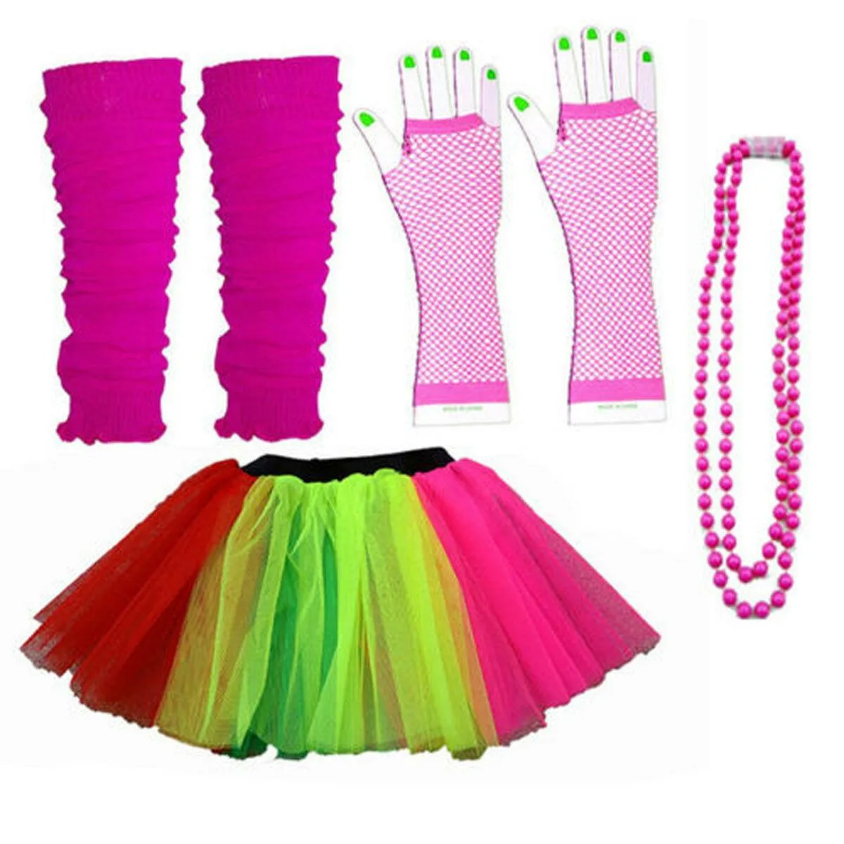 Ladies Tutu Skirt Gloves Leg Warmers Beads 1980’s Party Hen Night Party Costume