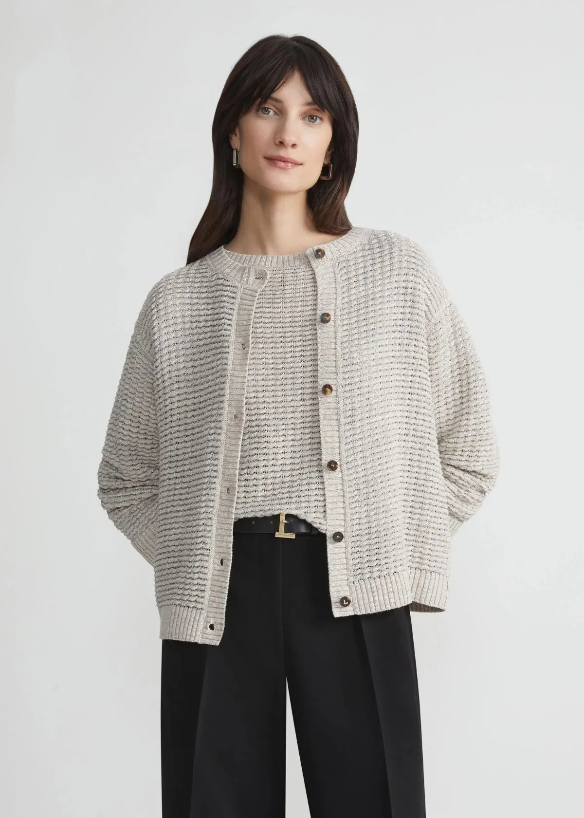 LAFAYETTE 148 Textured Stitch Cardigan - Smoked Taupe Multi