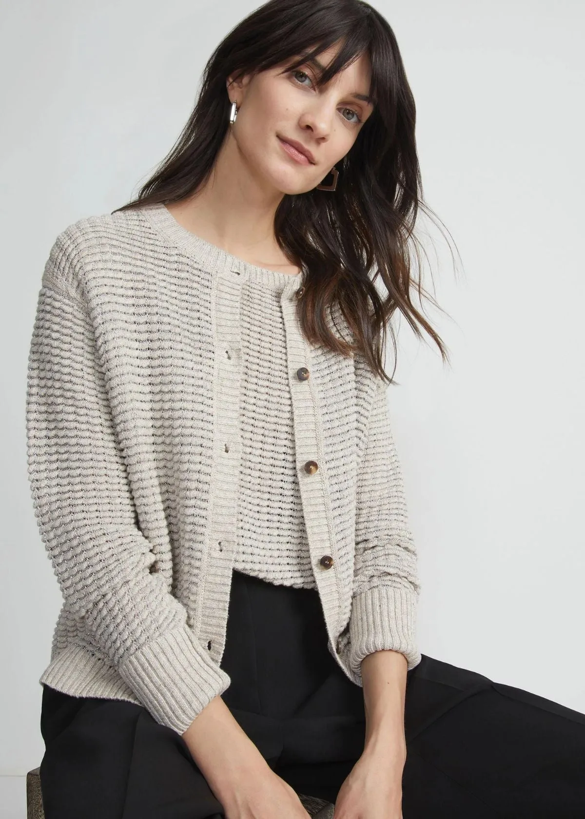 LAFAYETTE 148 Textured Stitch Cardigan - Smoked Taupe Multi