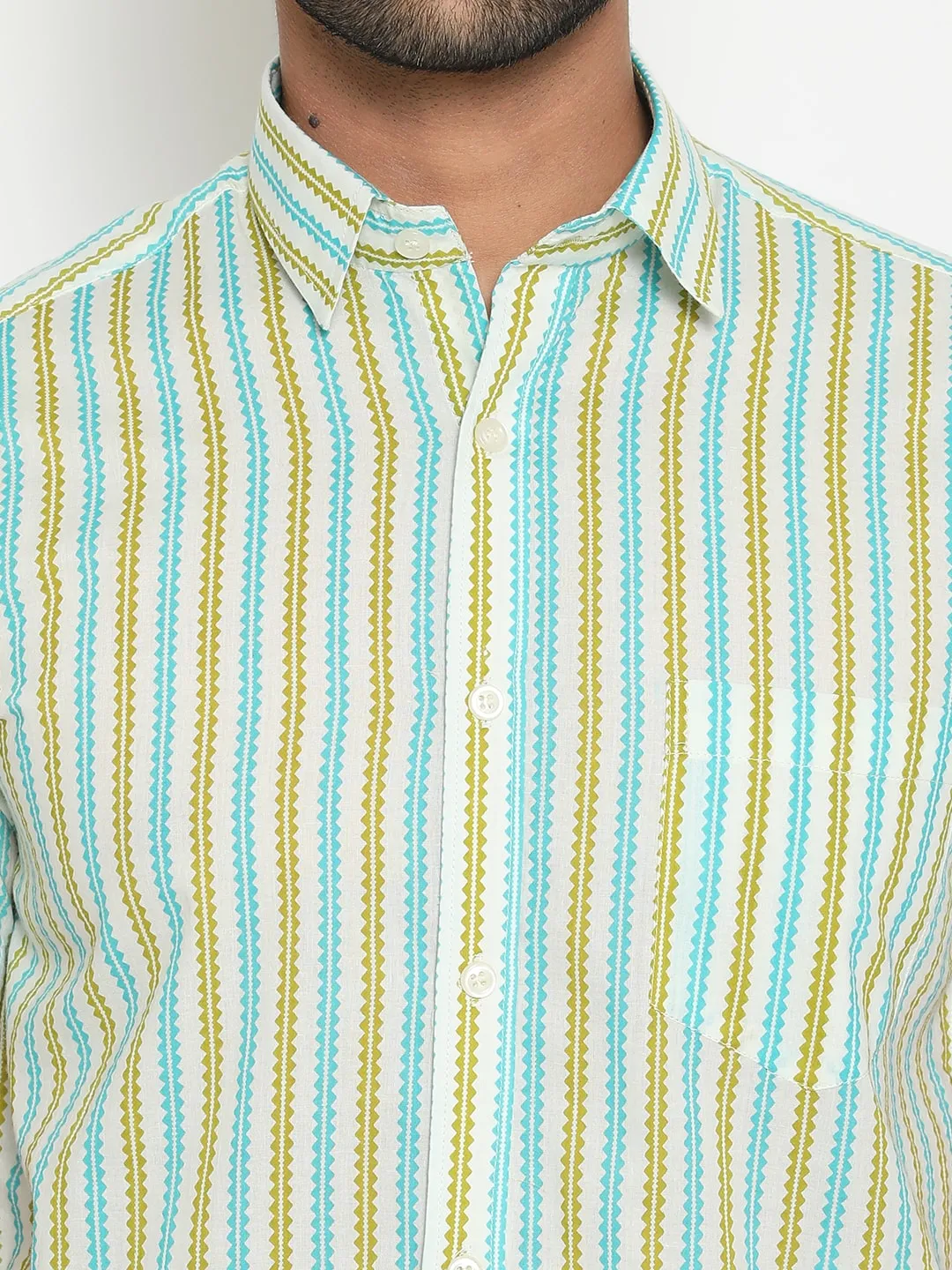 Light Blue Cotton Short Sleeve Hand Block Printed Men's Shirt