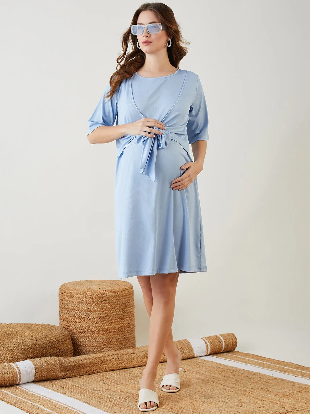 Light Blue  Tie-Knot Rib Maternity and Nursing Dress