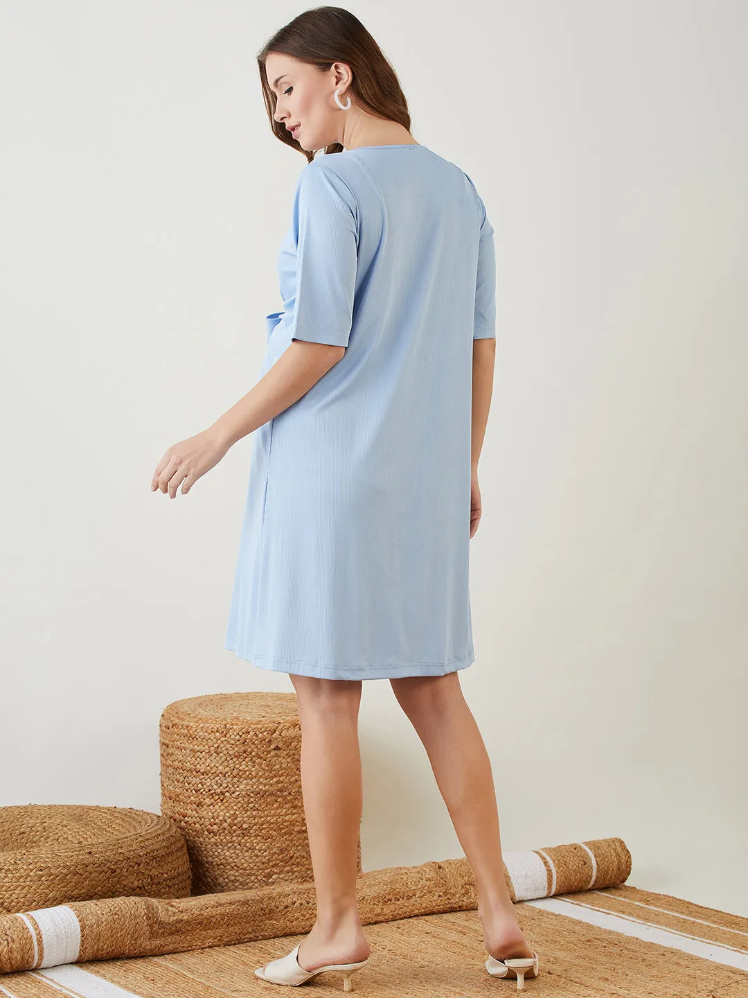 Light Blue  Tie-Knot Rib Maternity and Nursing Dress