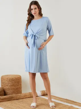 Light Blue  Tie-Knot Rib Maternity and Nursing Dress