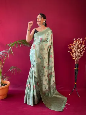 Light Green Saree in Soft Silk Floral Print