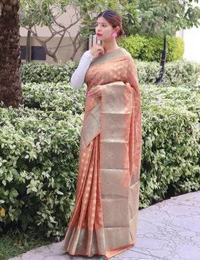 Light Peach Saree in Soft Dola Silk Rose Gold Zari Woven