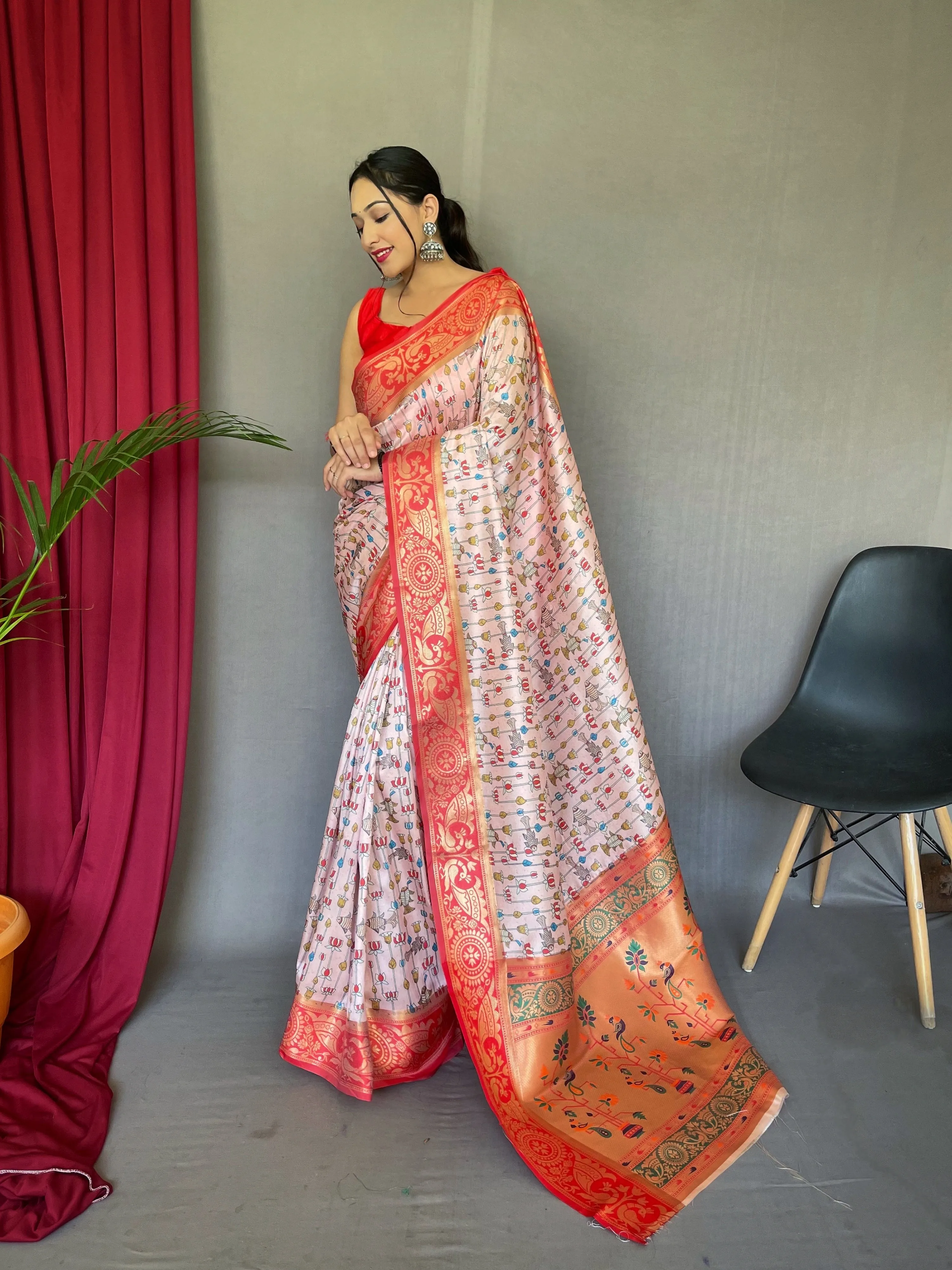 Light Pink Saree in Kalamkari Paithani Print