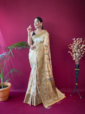 Light Yellow Saree in Kesariya Soft Silk Floral Print