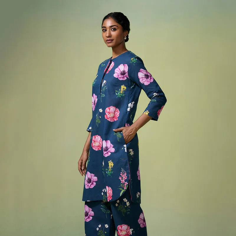 Linen Kurta Set For Women | Floral Printed | Navy Blue