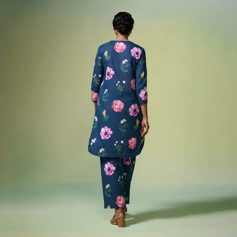 Linen Kurta Set For Women | Floral Printed | Navy Blue