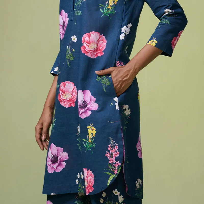 Linen Kurta Set For Women | Floral Printed | Navy Blue